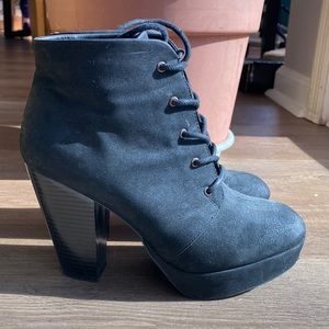 Platform black boots faux suede wooden block heel lace up fall booties